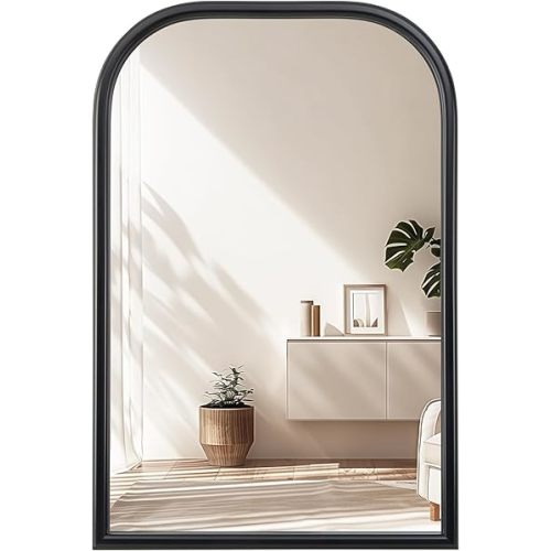 20"x30" Arch Wall Mirror Bathroom Mirror for Wall Mounted, Tempered Glass, Wood Grain Finish Frame Wall Mirror Decorative for Living Room Bedroom Entryway, Black