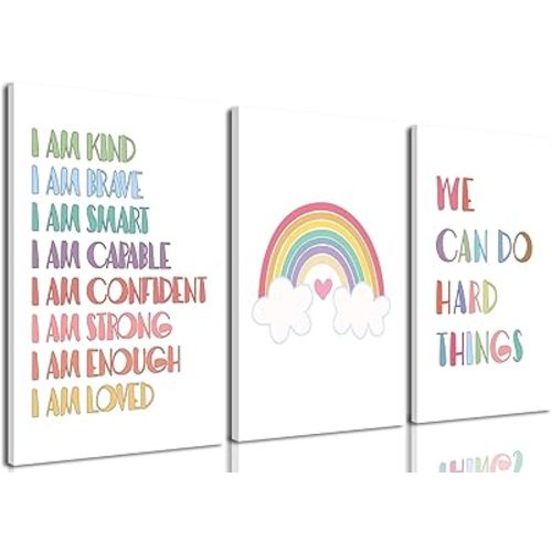 Hwetui Rainbow Affirmation Wall Art Framed I am Kind Brave Smart Posters Canvas Prints Girls Kids Toddler Baby Room Decor Pastel Boho Painting Pictures for Nursery Bedroom Bathroom12x16in Set of 3