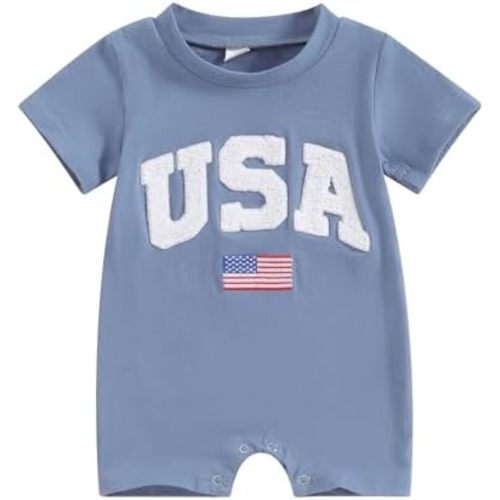 MoZiKQin Fourth of July Baby Boy Girl Outfit Newborn Usa Romper Short Sleeve Jumpsuit Embroidery First 4th of July Outfit