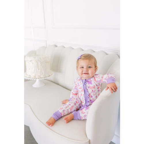 Pink Party Dog Bamboo Ruffle Romper I Poppy Kids Co