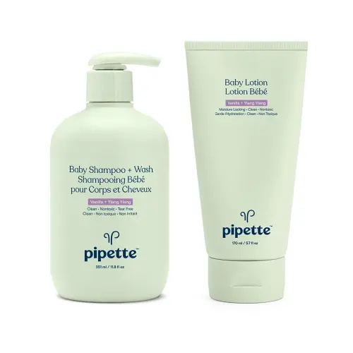 Pipette Vanilla + Ylang Ylang Baby Shampoo + Wash and Baby Lotion Duo, Clean, Tear-Free Bath Time, Sulfate-Free, Paraben-Free, Silicone-Free, Sensitive Skin, Hypoallergenic, Non-Toxic