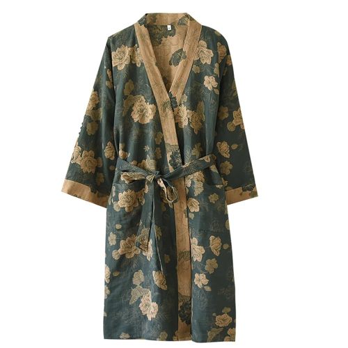 PRINCESS BRIDE Yarn-dyed Cotton Jacquard Elegant Kimono Robe Traditional Loose Yukata Bathrobe Mid-Length Loungewear for Women 165/88A/L(Dark Green)