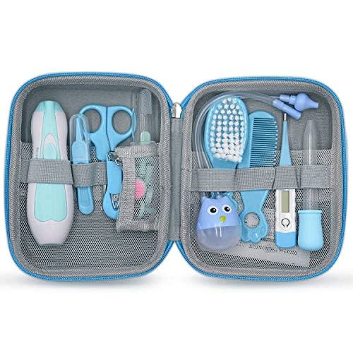 Baby Grooming Kit, Portable Baby Safety Care Kit with Baby Brush and Comb Set Baby Nail Trimmer Nasal Aspirator etc for Nursery Newborn Infant Girl Boys Keep Clean Baby Essentials (17 in 1 Blue)