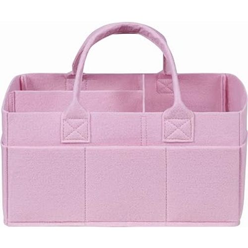 Sammy & Lou Diaper Caddy Organizer - Collapsible Tote Bag with Handles - Organizer for Diapers, Wipes & Baby Changing Supplies - Felt Storage Organizing Bin for Car, Desk, Nursery (Pink)