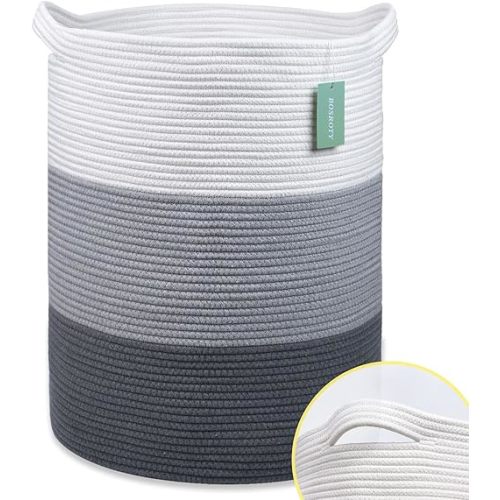 Large Laundry Hamper for Girls Boys Kids 72L, Nursery Hamper, Tall Laundry Basket, Cotton Rope Woven Blanket Basket for Storage Toys Clothes Towels, 16”x 22”, White & Gray