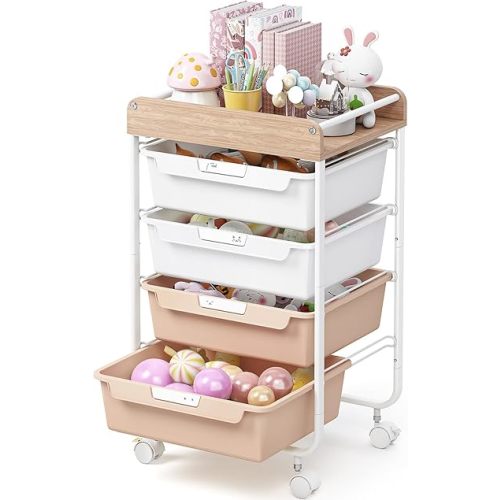 Rolling Storage Utility Cart With 4 Drawers,Kids Craft Art Cart,Makeup Organizer And Storage with Wooden Tabletop,Pearl