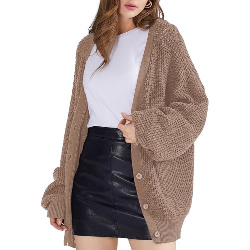QUALFORT Cardigan Sweaters for Women 100% Cotton Button-Down Long Sleeve Oversized Knit Outerwear