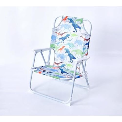 Idea Nuova Heritage Kids Outdoor Portable Folding Beach Chair with White Metal Legs, Multicolor Dino Print, Ages 3+