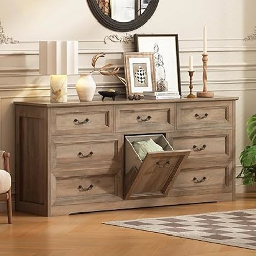 63" Wide Farmhouse 7-Drawer Dresser with 2 Laundry Hamper for Bedroom,Chest of Drawers, White Finish, Vintage Black Handles, Living Room Storage Cabinet,Gray