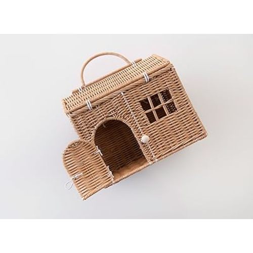 Rool Rattan House Shaped Basket Wicker Small Dollhouse Gift for Girls, Boho Toys, Mouse in a Box House, Little Girl Purse Clutch, Doll Carrier (Brown)