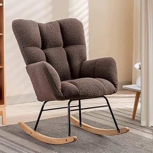 Rocking Chair Nursery, Teddy Upholstered Glider Rocker with High Backrest, Modern Rocking Accent Chairs for Nursery, Living Room, Bedroom (Brown)