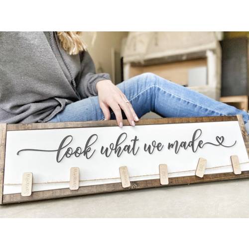 Look What We Made Sign with Personalized Clips for Children's Artwork, 3D Laser Cut Design