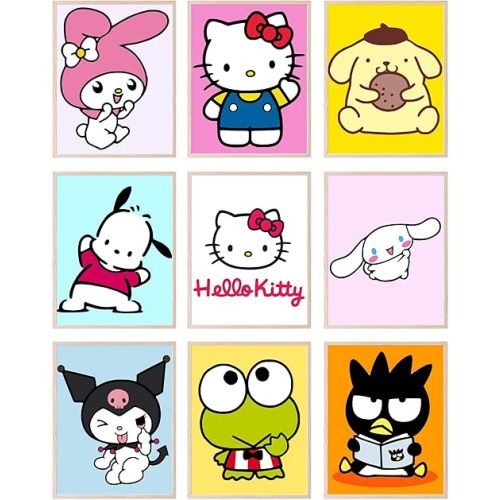 BigWig Prints Hello Kitty Poster Set - Hello Kitty Wall Decor, My Melody, Keroppi, Pompompurin, Kuromi, Badtz-Maru, Cinnamoroll, Wall Art Posters for Girls bedroom - Unframed Set Of 9 (8x10”)