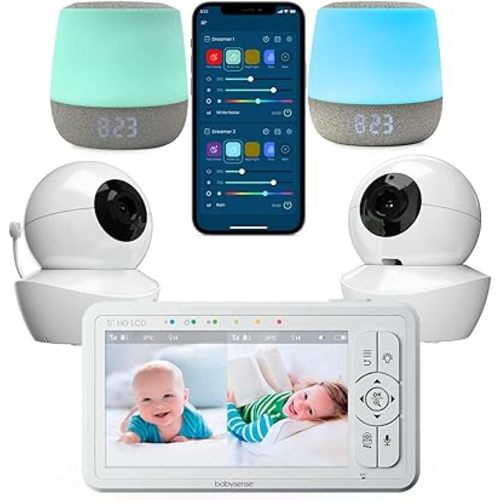 Babysense 3 in 1 Video Baby Monitor with 2 HD Cameras & 5" HD Display Bundled with 2 Smart Baby White Noise Sound and Light Machines for Multiple-Children Monitoring