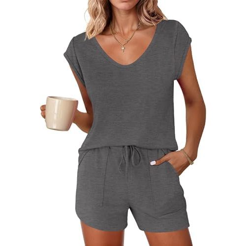 Ekouaer Womens Pajama Sets Comfy Short Sleeve Sleepwear Tops and Shorts Cute Pjs 2 Piece Lounge Set S-XXL