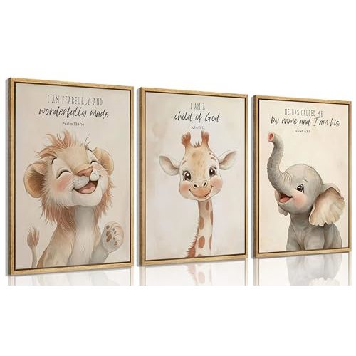 3Pcs Framed Bible Verses Christian Nursery Safari Animals Wall Art Child of God Cute Animals Picture Wall Decor Lion Giraffe Elephant Poster Print Artwork for Kids Boys Girls Room Home Decoration