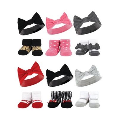 Hudson Baby Infant Girl 12Pc Headband and Socks Giftset, Black Wild Rose Leopard Red Houndstooth Bows, One Size