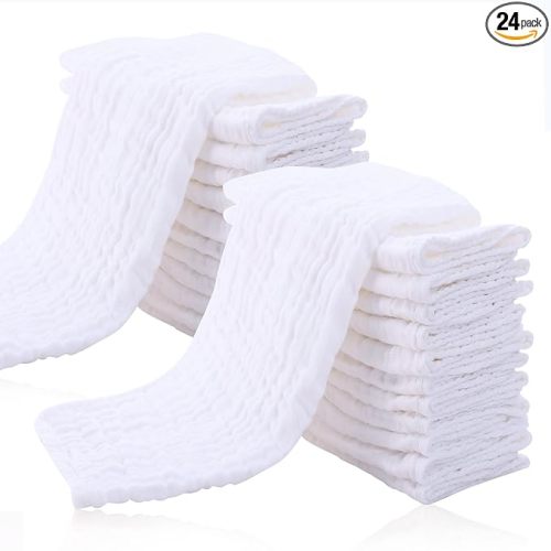 Cute Castle 24 Pack Muslin Baby Burp Cloths - Ultra-Soft 100% Cotton Baby Washcloths - Large 20'' by 10'' Super Absorbent Milk Spit Up Rags - Burpy Cloths for Unisex, Boy, Girl - White