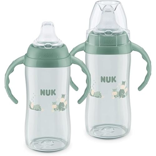 NUK First Choice Large Learner Cup, Green, 10 oz. Sippy Cup with Handles, Spill Proof, Leak Proof Soft Straw Cup, 2-Pack