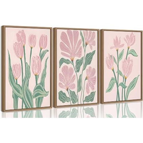 Framed 3 Pcs Pink Tulips Wall Art