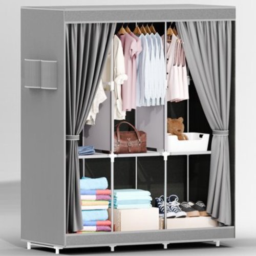 Portable Closet Wardrobe Closet for Hanging Clothes with 3 Hanging Rods, 6 Storage Organizer Shelves for Bedroom, Durable and Easy to Assemble, Grey