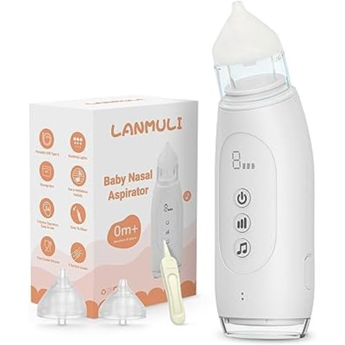 LANMULI Electric Nasal Aspirator for Baby, Automatic Toddler Nose Sucker, Infant Snot Cleaner with Adjustable Suction Level, Music and Light Soothing Function (White)