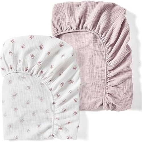 Muslin Bassinet Sheets - Pack n Play Sheets Fitted for Baby Boy and Baby Girl - Toddler Bed Sheets, 17"x 32"x 3", 2 Pack (Floral & Sand)