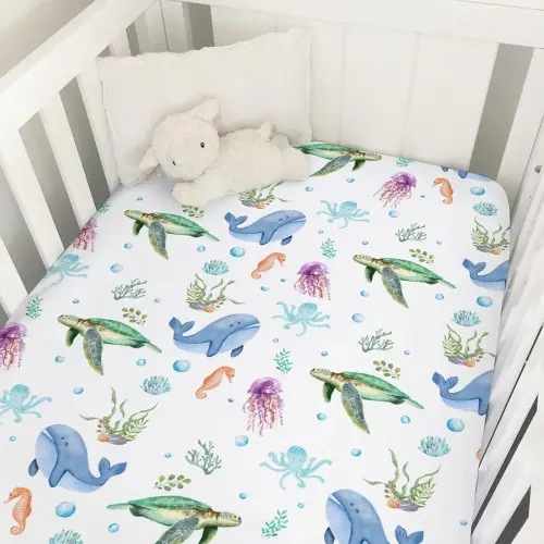 Cute Sea Animals Baby Crib Sheets 52''x28'' Ocean Turtle Whale Jellyfish Sea Horse Weeds Fitted Crib Mattress Cover for Boy Girl Nursery Baby Bed Sheets for Standard Crib and Toddler Mattresses