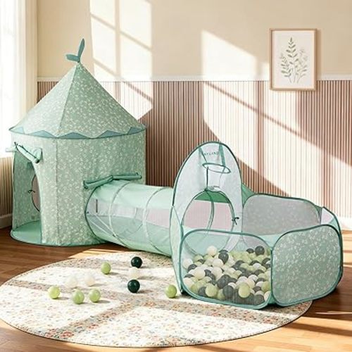 Tiny Land 3-in-1 Kids Play Tunnel with Ball Pit & Tent, Pop Up Crawl Tunnel for Toddlers, Indoor & Outdoor Baby Play Tunnel, Foldable Crawling Tunnel Toy, Gift for 2 Year Old Girl & Boy, Green