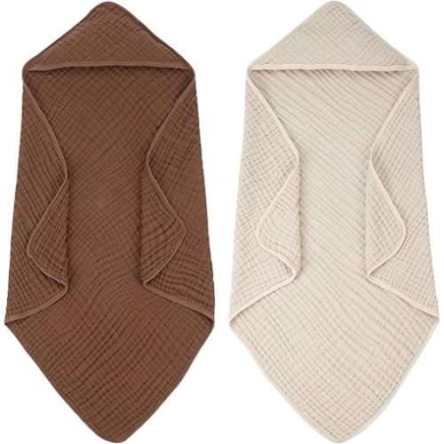 FUNUPUP Hooded Baby Towels 2 Pack Muslin Baby Bath Towels with Hood Baby Towels for Newborn, Infant, Toddler, Large 32x32 Inch Soft and Absorbent Baby Bath Essentials(Brown&Khaki)