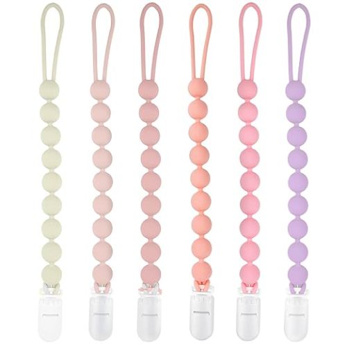 Silicone Pacifier Clip Holder, 6 Pack One Piece Soft Flexible Binky Clips Pacifier Holder Clip for Girls, Baby Girl Newborn Essentials