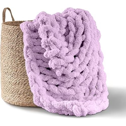 Adyrescia Chunky Knit Blanket Throw | 100% Hand Knit with Jumbo Chenille Yarn (50"x60", Pale Purple)