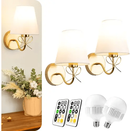 Battery Operated Wall Sconces Lights Set of Two Remote Control, Antique Brass Bow Sconces Rechargeable Battery Powered Wall Lights Dimmable LED 2700K-6000K 16 Color Temperatures