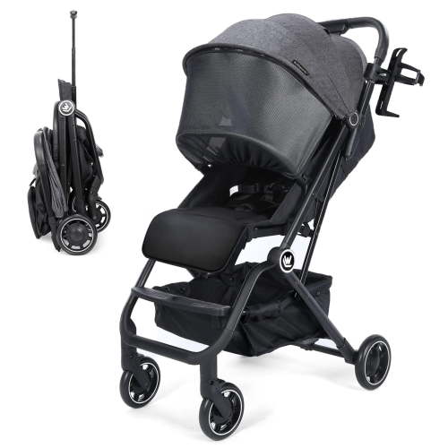 Rollingsurfer Cochecito de bebé ligero, cochecito de viaje compacto con portavasos y sombra para dormir, cesta de gran tamaño, cochecito plegable fácil con una mano para viajes en avión y más