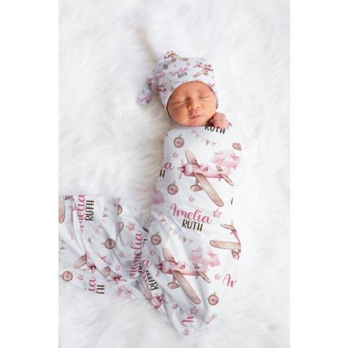 PINK AIRPLANE SWADDLE Blanket, Baby Girl Airplane Blanket, Custom Baby Swaddle Set, Airplane Newborn Baby Gift, Adventure Theme Newborn Girl