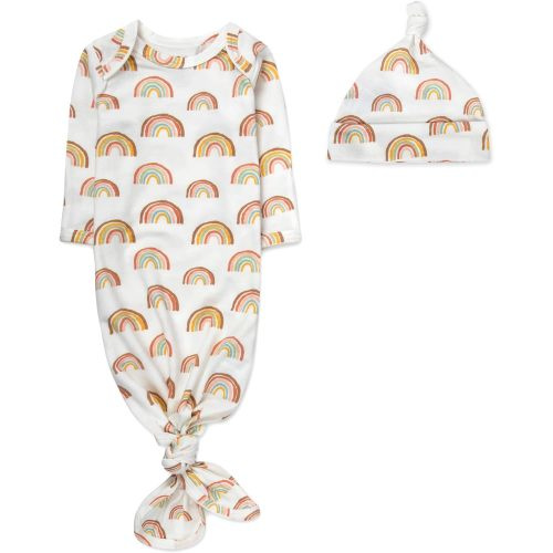 Knotted Infant Sleeper Gown with Headband or Hat, Baby Coming Home Outfit for Boy Girl Fall Winter 0-6 Months - Radiant Rainbows