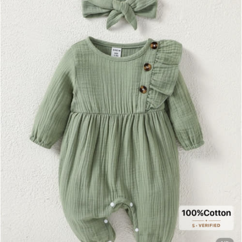 SHEIN Baby Girl Newborn Ruffle Trim Textured Jumpsuit With Accessory Headband
