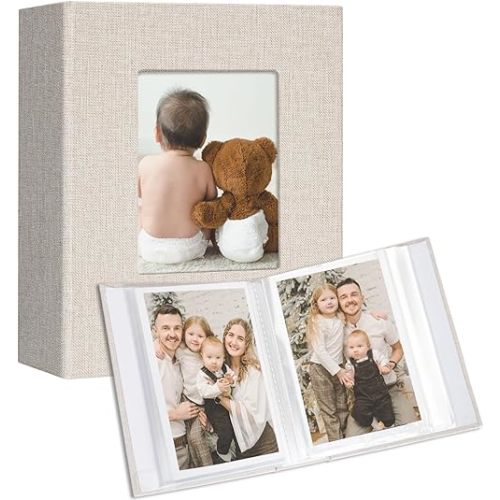 Vienrose Small Photo Album 4x6 holds 100 Photos 2 Pack, Mini Baby Photo Album Linen Cover for Gifts Wedding Family, Beige