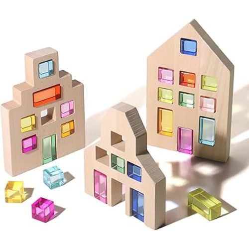 Dinhon 25 Pcs Acrylic Building Blocks with 3 Beech Wood Houses - 17 Cubes + 8 Long Blocks Rainbow Gem Set, Insert & Stack Sensory Toy for 1-5 Years Old Boys Girls, Creative Play Birthday Gift