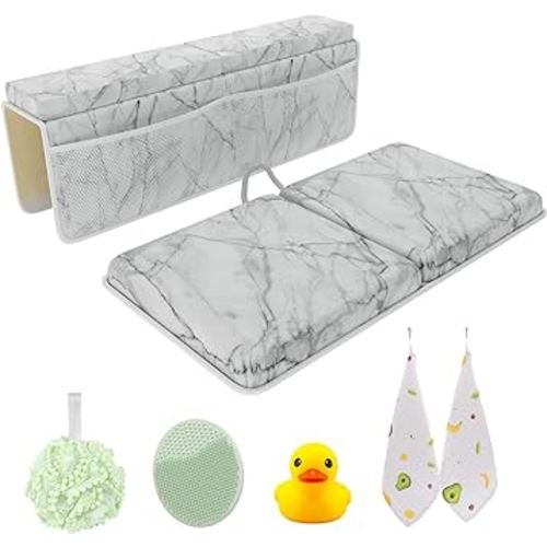Sleepah Bath Kneeler and Elbow Kneeling Rest Pad Set for Baby Bathing – Waterproof Soft Memory Foam Mat Organizer Baby & Toddler Bath Time Toys Sponge (Marble)