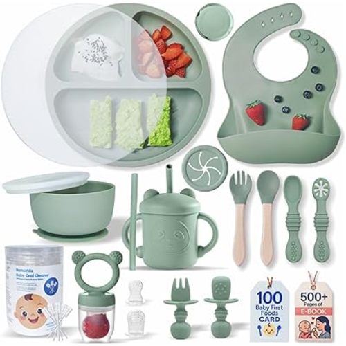 Remonda 22-Piece BPA-Free Silicone Baby Feeding Set | Extra Large Suction Plates, Toddler Bowls, Self Feeding Spoons, and More | Dishwasher Safe| Baby Led Weaning Supplies (Green)