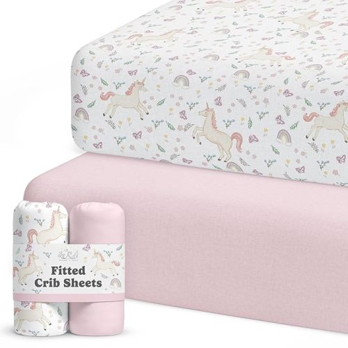 Sorrel + Fern Baby Crib Sheets Neutral, Fitted 2-Pack (Unicorn Blossom)