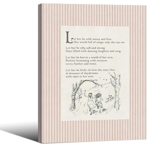 Girlhood Poem Aesthetic Wall Art 08x10 inch Wood Framed Fashion Minimalist Kids Canvas Posters Vintage Cottagecore Sketch Prints for Toddler Room Wall Decor