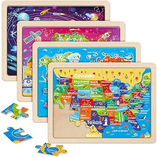 SYNARRY Large US World Earth Solar System Wooden Puzzles for Kids Gift Box(12.2*9.4 in) - FSC Certified, Puzzles for Toddlers 2-4, Puzzles for Kids Ages 4-6, Map Toys Gifts for 3 4 5 Year Old Boy Girl