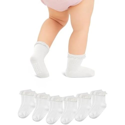 Zando Toddler Girls Non-Slip Ruffle Socks with Grippers Soft Cotton Seamless Ankle Socks for Baby Girls 0-5T