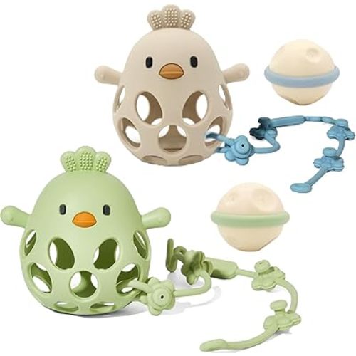 Baby Teething Toy, Silicone Hollow Chicken Teething Toys, Soft Baby Chew Toys for Sucking Needs, Bells can be Installed, Suitable for Babies of Any Age(Green+Beige)