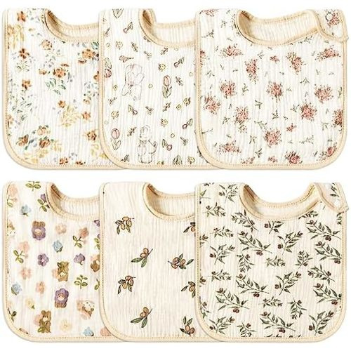 Zainpe 6Pcs Snap Muslin Cotton Baby Bibs Soft & Absorbent Burp Cloths for Newborns Drooling Feeding