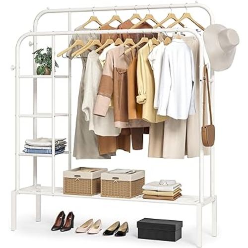 JOISCOPE Double Rods Portable Garment Rack for Hanging clothes, 49.6 * 62.2 Inch Metal Clothing Rack with Bottom Shelves and 4 Hooks,Freestanding Clothes Rack for Bedroom,Space Saving, White