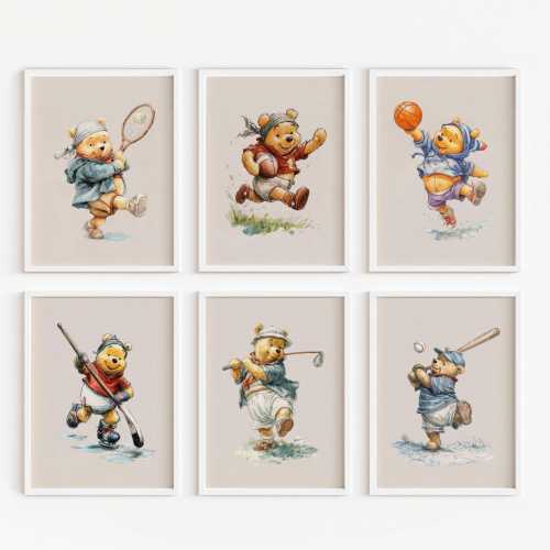 Set of 6 Classic Winnie the Pooh Sports Wall Art, Babyshower Gift Boy, Watercolor Illustration, Sports Nursery Theme Decor for Kids Room 112
