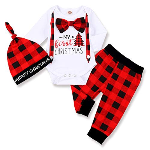 bilison Infant Baby Boy Christmas Outfit My First Christmas Gentleman Romper Red Plaid Pants with Hat Clothes Sets